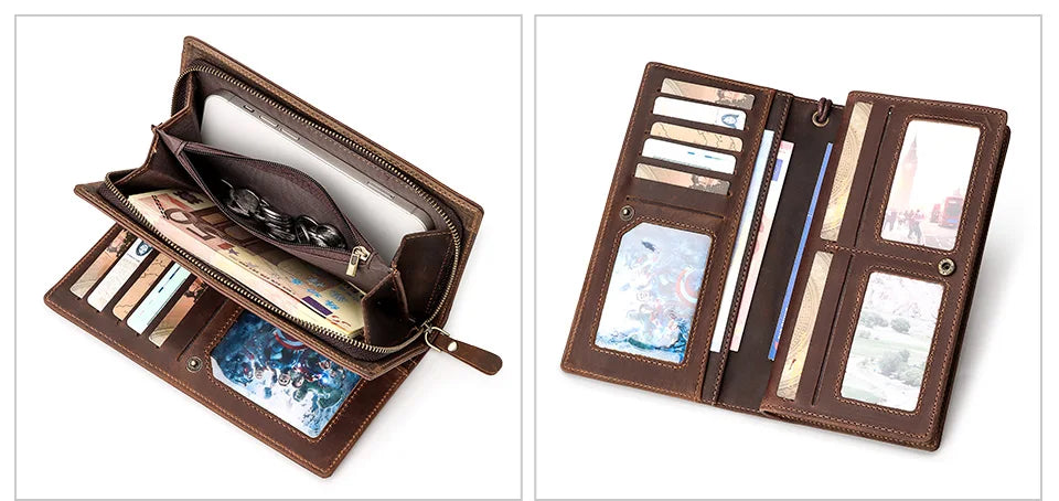 HUMERPAUL Full Grain Leather Wallet for Men Long Clutch with Cell Phone Pocket Multifunctional RFID Credit Card Holder Handbags