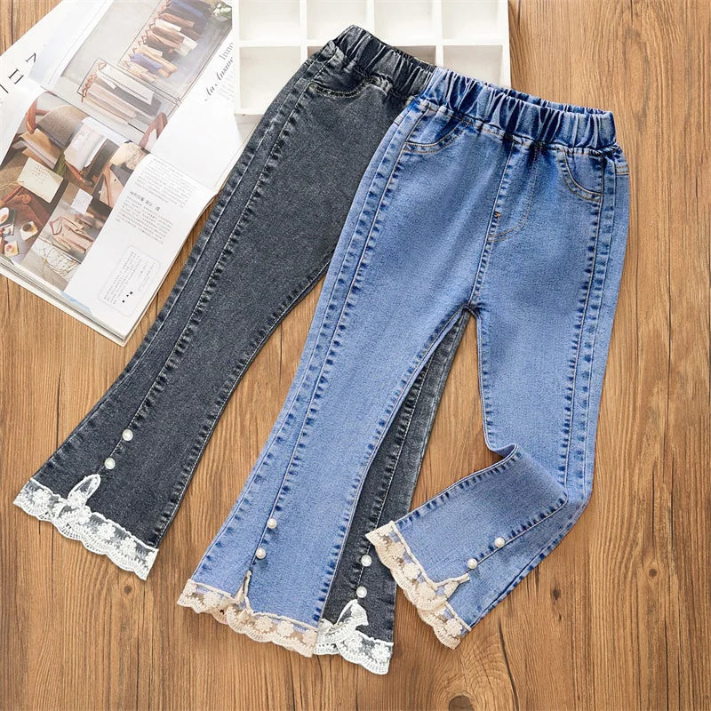 Girls Jeans Fashion Lace Elastic Waistline Denim Flared Pants Autumn Solid Color Trousers Teenager Spring Kid Girl Clothes 1-12Y