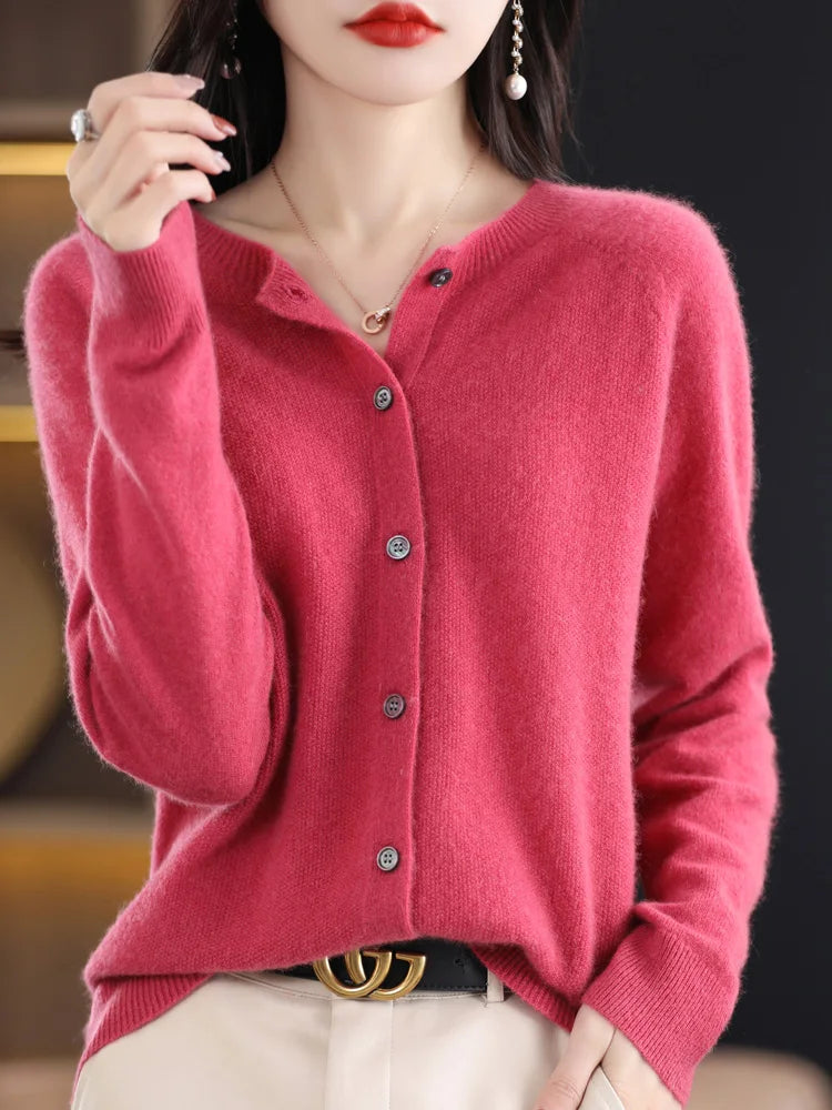 Women Cashmere Sweater 100% Merino Wool Knitted Cardigan Autumn Winter  Knitwear O-Neck Female  Solid Color Casual Fashion Top