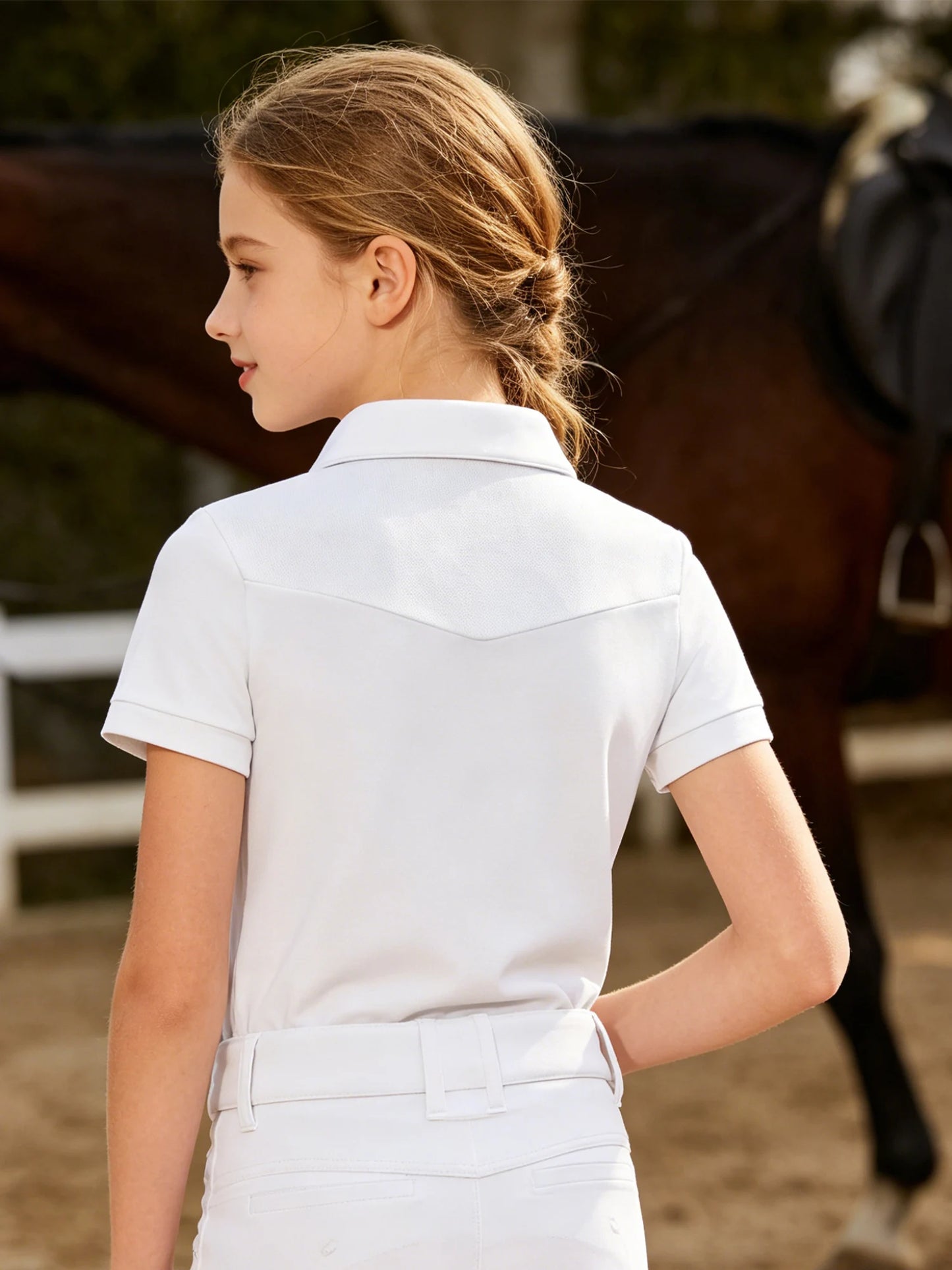 Kids Girls Horse Riding Shirts Short Sleeve Turn Down Collar Buttons T-shirt Closure Design Equestrian Costumes Sports Tops