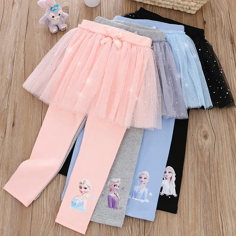 New Girls Skirt Pants For Children Disney Frozen Anna Elsa Princess Skirts Baby Girl Pink Blue Trouser Lace Kids Legging 2-8Y