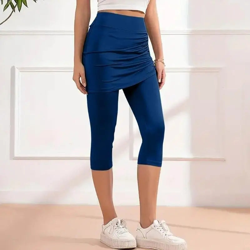 Womens Leggings Tummy High Skirted Leggings Drawstring Side Ruched Fit Workout Bottom 6XDA