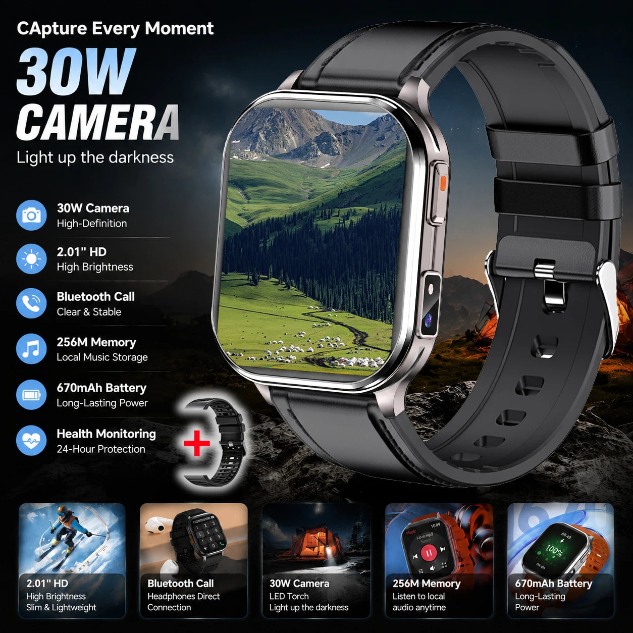 Outdoor Smart Sports Watches 2.01" 30W Camera Take Photo Video Recording Music BT Call Health Sports Mode Waterproof Smart Watch