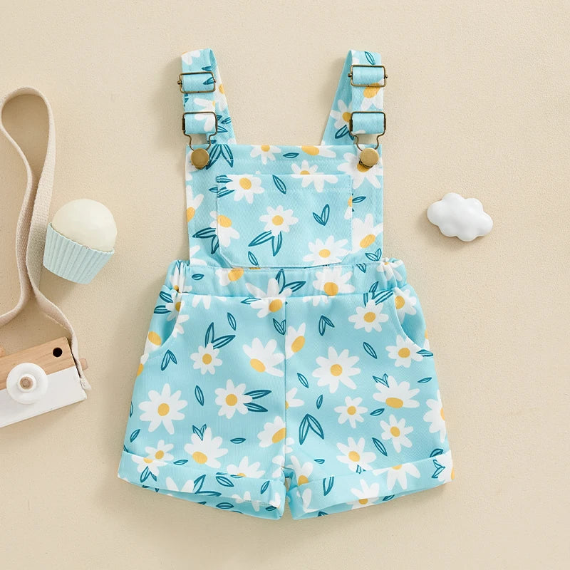 6M-5T Baby Girl Suspender Romper Jumpsuit Straps Daisy Print Overalls Shorts Infant Toddler Summer Fall Clothes