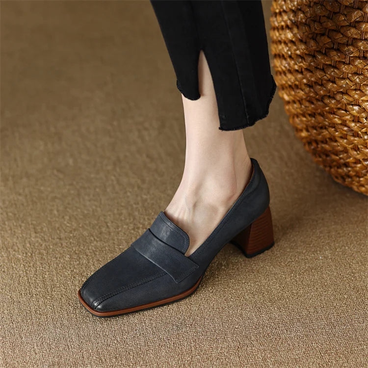 2024 Spring New GENUINE LEATHER Women Shoes LEISURE Women Slip-On Shallow Pumps Square Toe Heels Shoes Women Zapatos De Mujer
