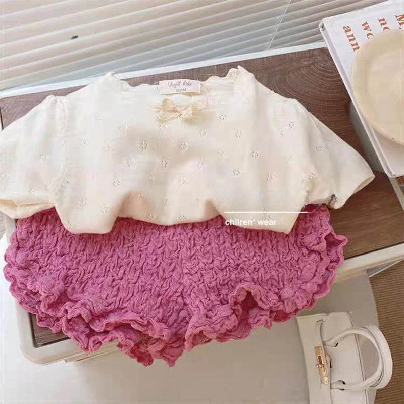 2024 Girls Summer Outfit Set New Trendy Summer Girl Baby Short Sleeved Shorts Two-piece Set Cute and Gentle Designable Shorts