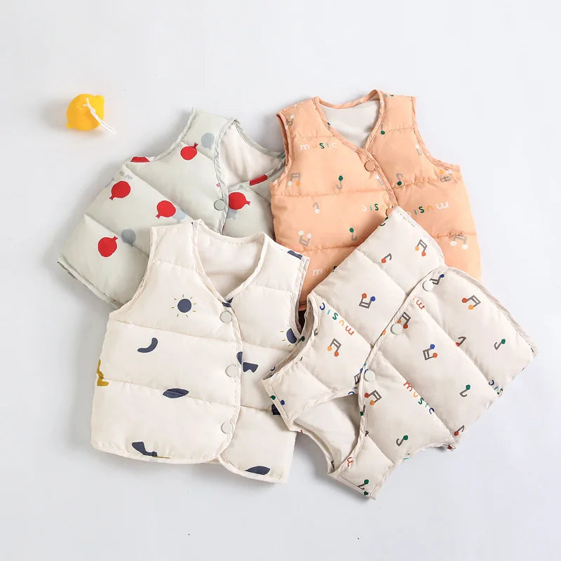Chalecos de plumón para bebés, ropa de otoño e invierno con estampado de dibujos animados para niñas y niños, cárdigan, abrigos, chaleco infantil cálido, disfraz para niños pequeños
