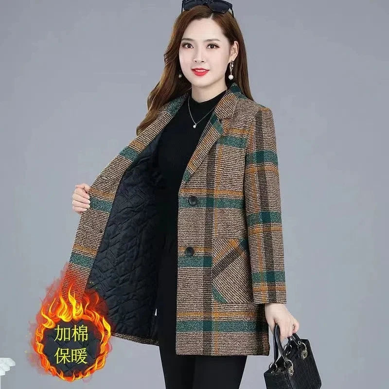 Mother's clothing Plaid Woolen Jacket 5xl Autumn Winter Female Thicken Slim Middle length Outwear Korea Women's Casual Wool Coat