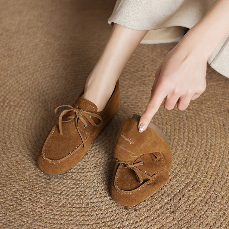 2026 New Spring Genuine Leather Women Shoes Round Toe Women Flats Shoes for Women Retro Lace Up Loafers Fashion Ladies Shoes