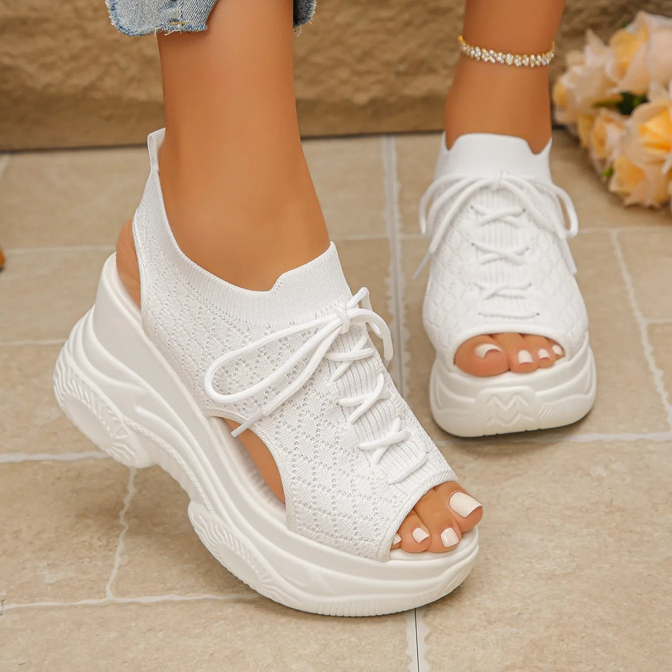 Women Sandals Non-slip Thick-soled Lace-up Casual Shoes for Women Summer Fashion Comfortable Sandals Round-toe Wedge Roman Shoes