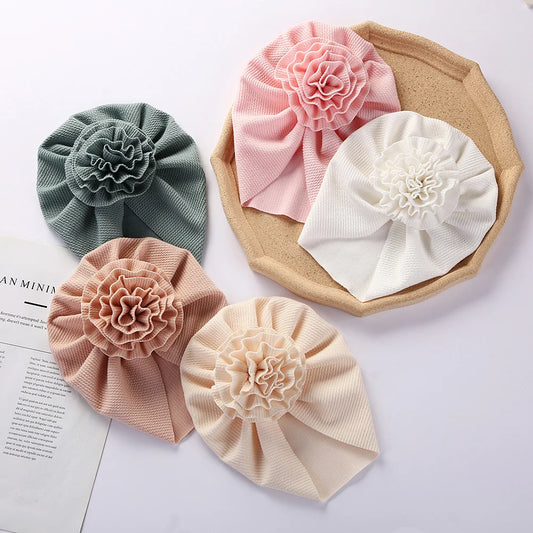 Turbante acanalado de flores grandes para bebé, gorro de algodón con nudo superior, diademas para niño y niña, gorros para recién nacidos, accesorios para niños