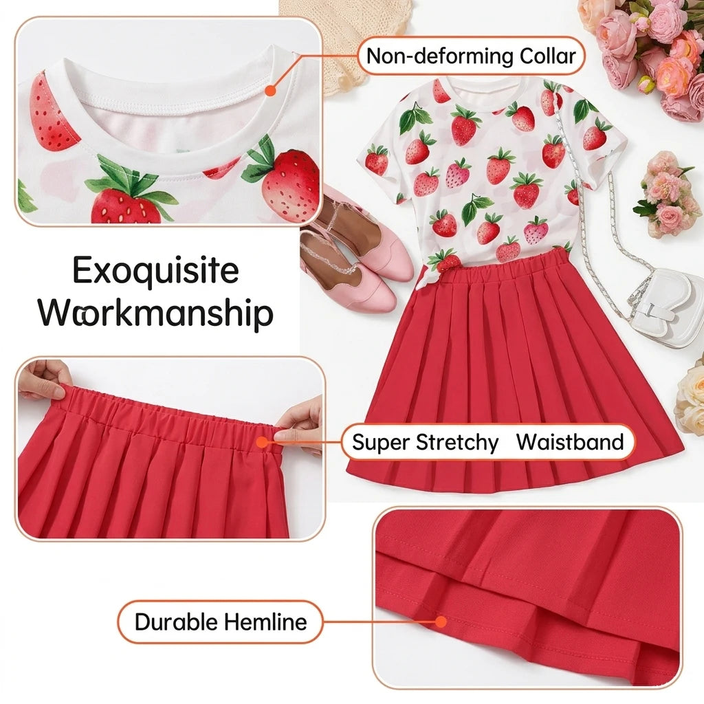 Girls Summer 7-14Y Round Neck Strawberry Print Short Sleeve Solid Red Pleated Skirt 2-Piece Outfit for Daily Casual Kids Cute