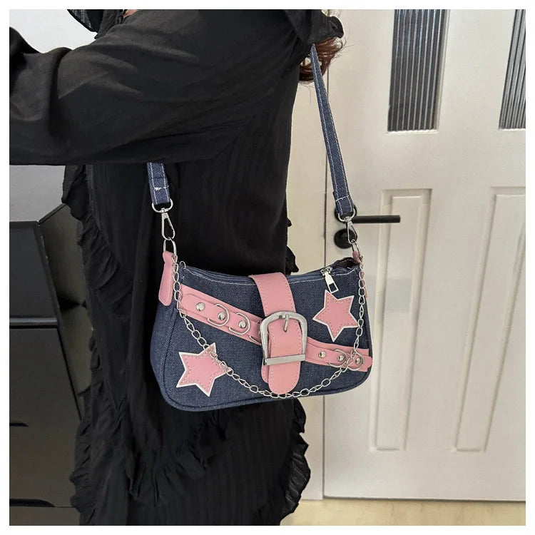 Y2k Hot Girls Denim Shoulder Bags Retro Rivet Star Women's Underarm Bag Portable Female Chain Armpit Bag Small Purse Handbags