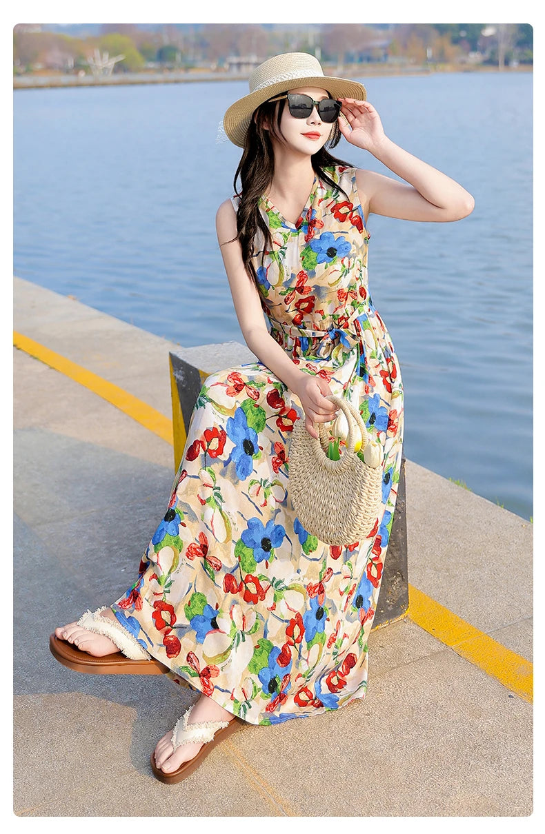 Spring Summer Dresses Fashion Female Sleeveless printed Casual Dress Women A-line Dresses Vestidos