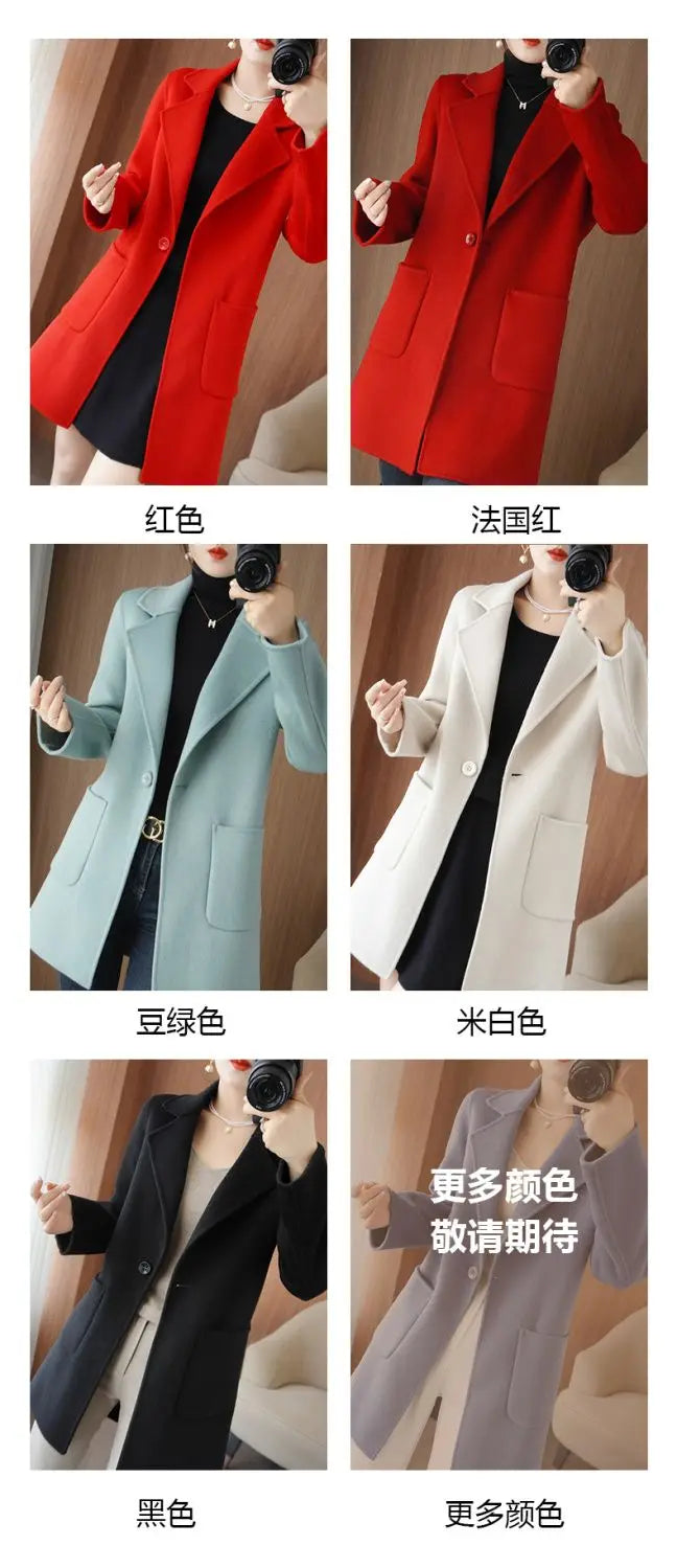 100% Pure Wool Double-Sided Cashmere Jacket Women Overcoat  Autumn Winter New Mid-Length One-Button Slim Wool Windbreakers coat