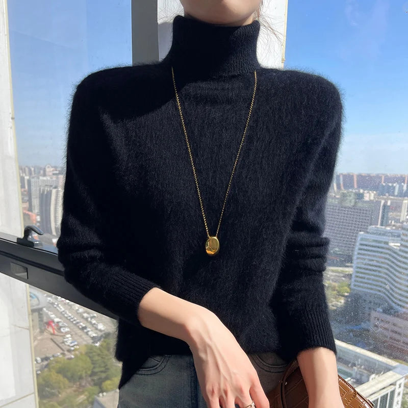 100% Mink Cashmere Top-Lapel Women Sweater Long-sleeves Fashion High-elasticity Sexy Winter Knitted Pullover Girl Tops 2024