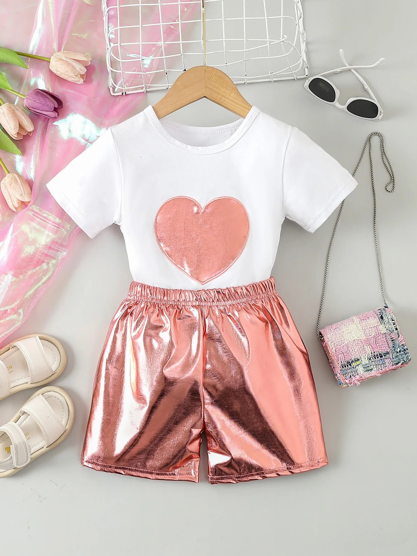 Valetine's Day Kids Girls Clothes Comfortable Short Sleeve Cute Love Embroidery T-shirt Faux Leather Shorts 2pcs Set  Outfit