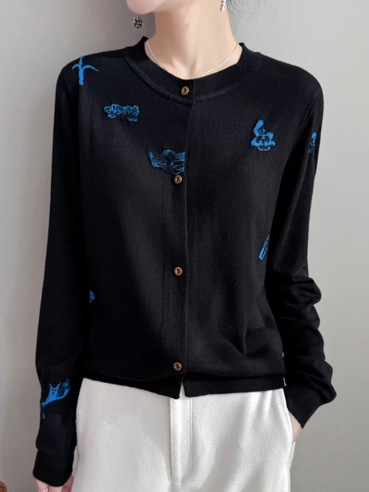 2025 New Merino Worsted Wool Women Sweater Spring Female Knitted Cardigan Long Sleeve Solid Clothing Tops Embroidery Outerwear