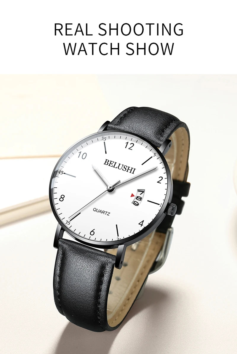 BELUSHI Luxury Brand Men Wristwatches Simple Business Stainless Steel Strap Calendar Male Watch Waterproof Fashion Gift Clock