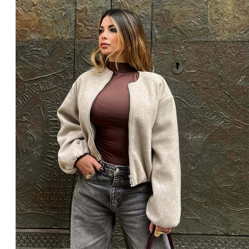 MUJER Fleece Bomber Jackets for Women Soft Zipper Woman's Sports Jacket Casual Cropped Jacket Women Long Sleeve Coats Outerwears