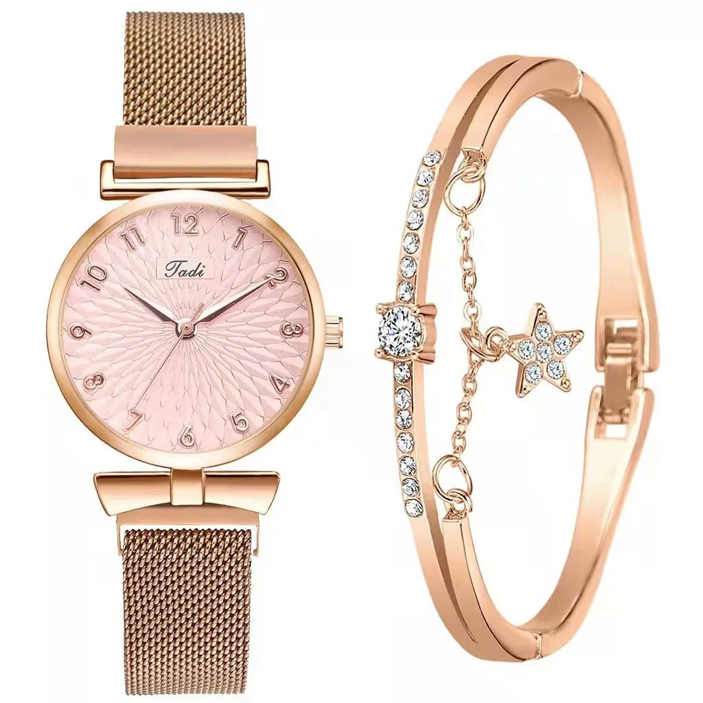 Fashion Women Watches Luxury Leather Buckle Flower Rhinestone Watch Ladies Quartz Wrist Watch Bracelet Set Reloj Mujer