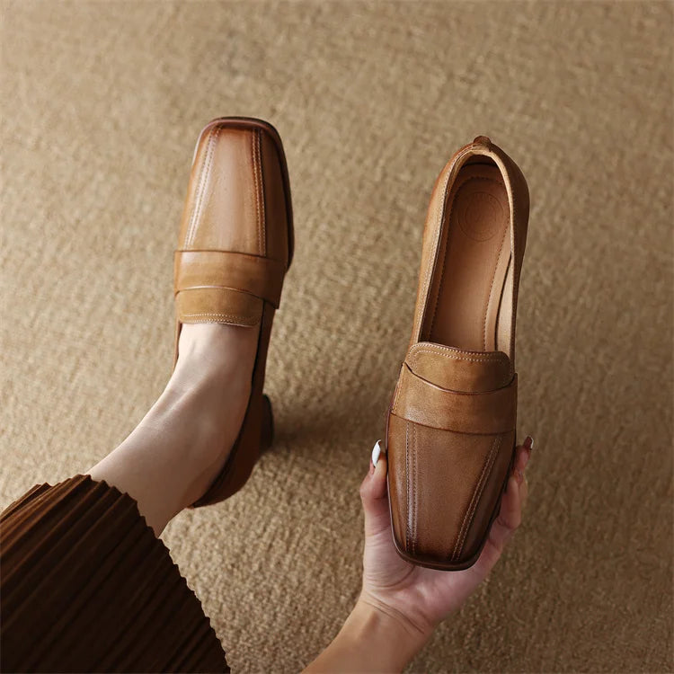 2024 Spring New GENUINE LEATHER Women Shoes LEISURE Women Slip-On Shallow Pumps Square Toe Heels Shoes Women Zapatos De Mujer