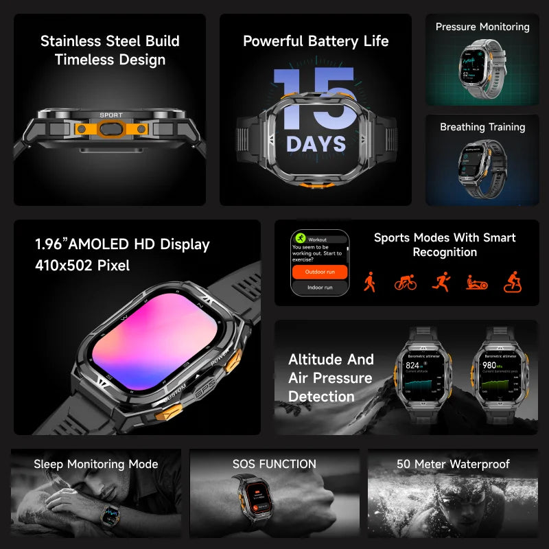 2026 GPS Smart Watch for Men Rugged Outdoor Duan Band Accurate Sports Tracking 7/24 Health Monitoring 1.96" AMOLED Display