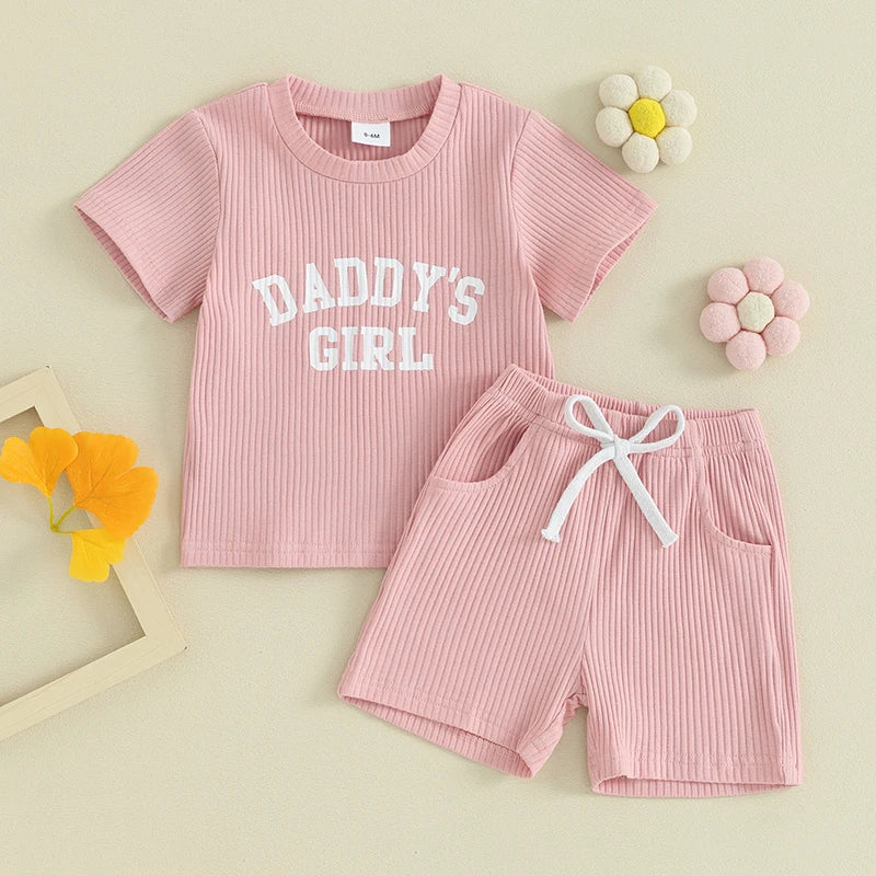 2Pcs Newborn Baby Girl Clothes Daddy s Girl Knitted Short Sleeve T-Shirt Tops Shorts Pants Set Toddler Summer Outfits