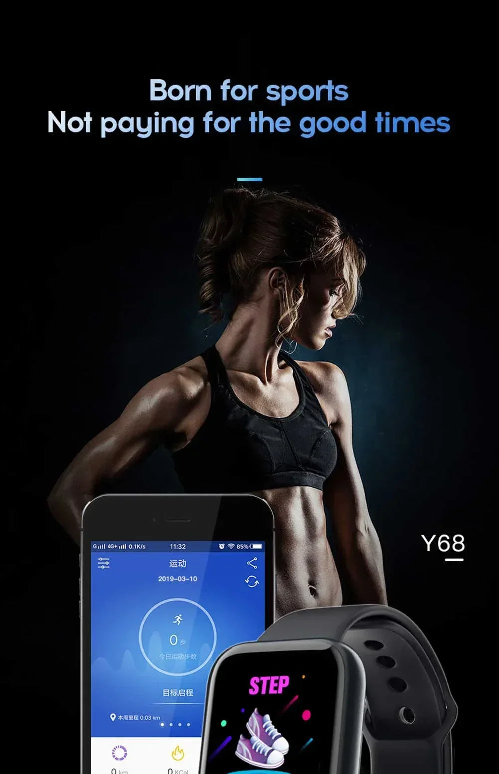 Smart Watch Y68: Color Screen Fitness Tracker w/ Step Count, 12 Sports Modes, Notification Reminder, Camera/Music Remote