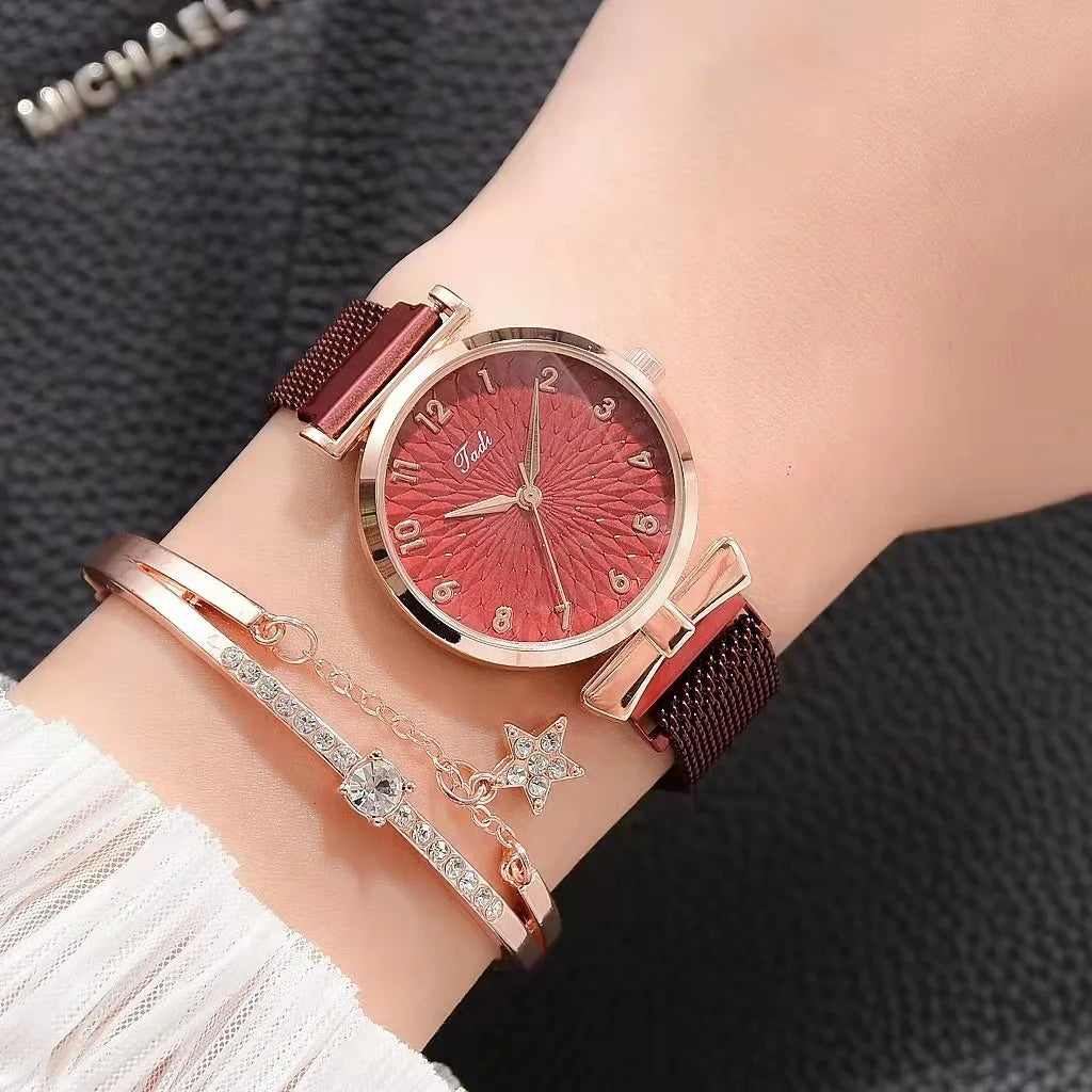 Fashion Women Watches Luxury Leather Buckle Flower Rhinestone Watch Ladies Quartz Wrist Watch Bracelet Set Reloj Mujer