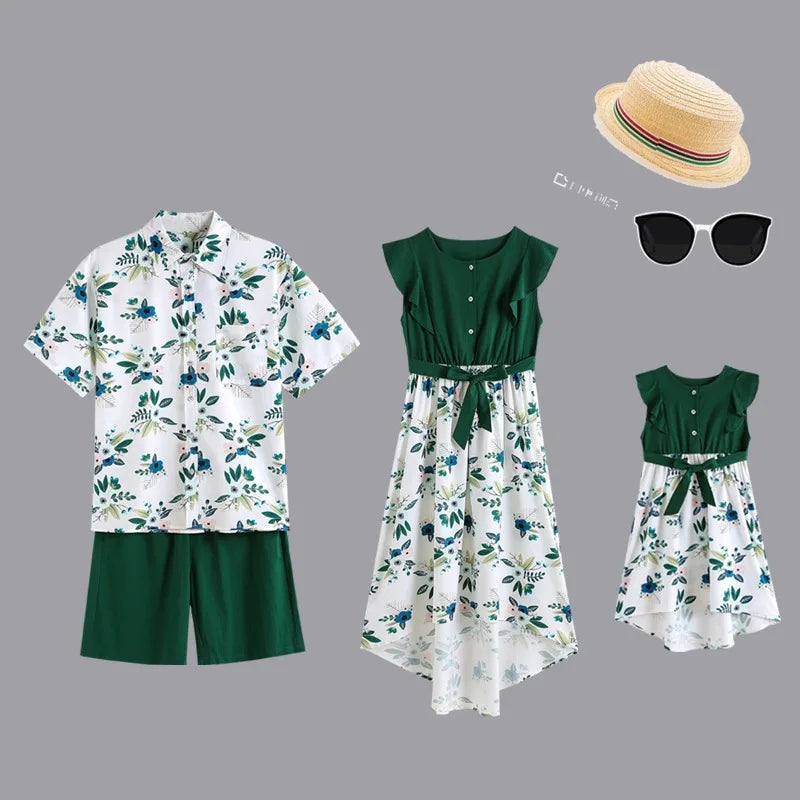 Family Matching Outfits Summer Beach Holiday Mum Daughter Dresses Dad Son T-shirt $Shorts Family Look Couple Outfits Seaside