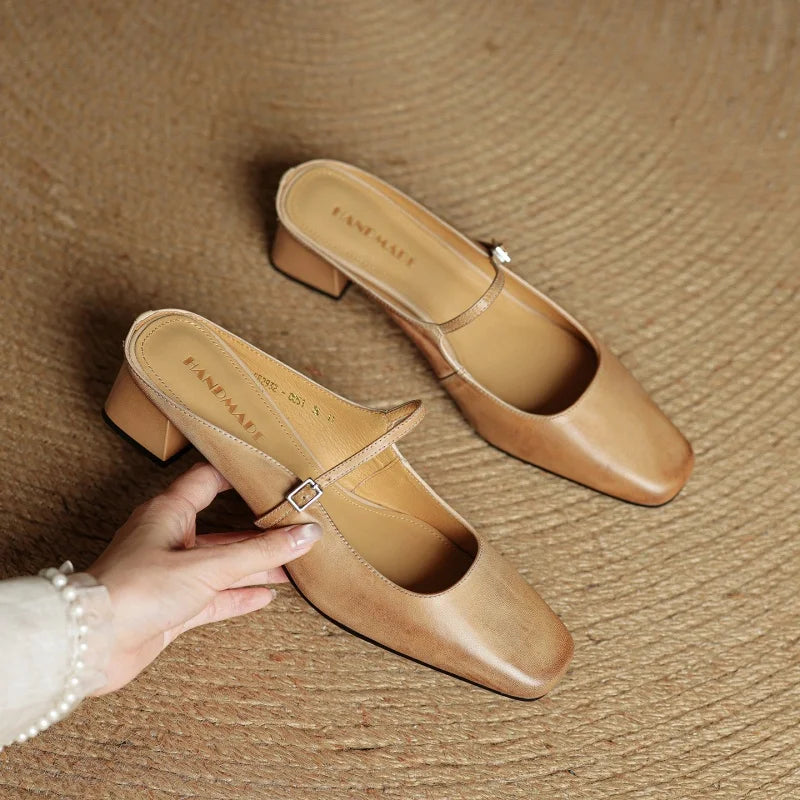 2026 New Summer Women Mules Genuine Leather Women Shoes Squared Toe med Heel Cover Toe Slingback Shallow Modern Slippers