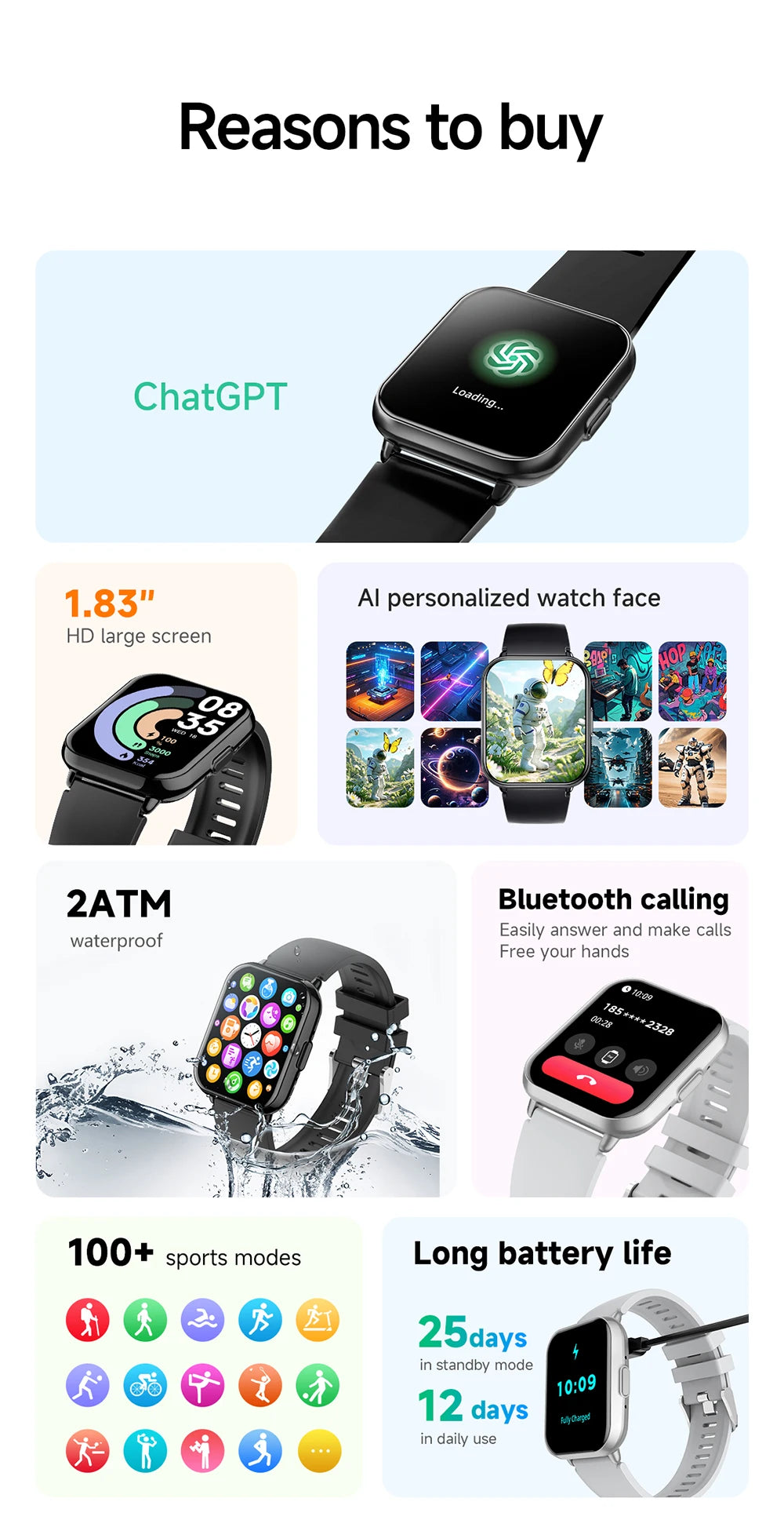 KUMI M2 Smart Watch 1.83" HD Screen ChatGPT 100+ AI Watch Faces 2ATM Bluetooth Calling 100+ Sports Modes Health Monitoring