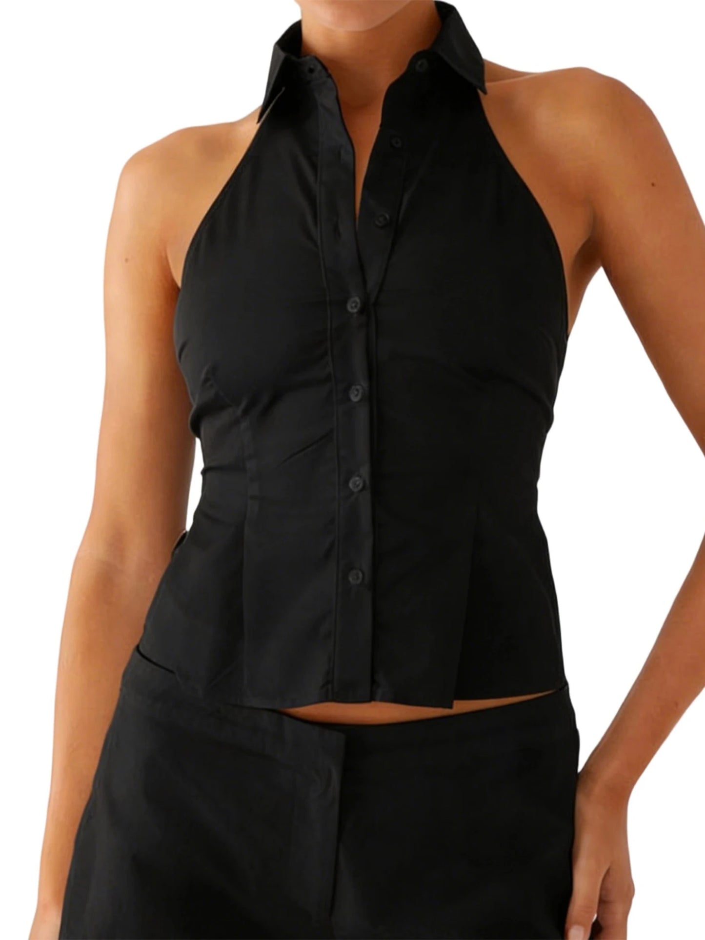 Women Button up Halter Tops Summer Trendy Lapel Tie up Backless Shirts for Streetwear Aesthetic Grunge Clothes