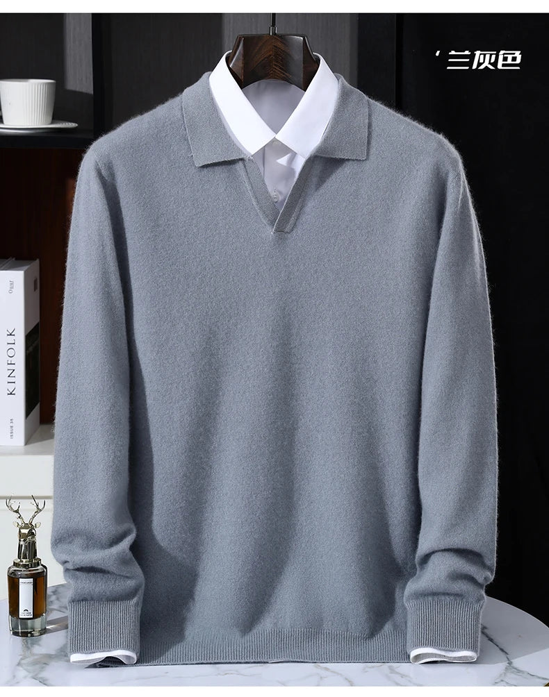 Autumn/Winter Men's 100% Pure Cashmere Pullover Business Casual Solid Knitted Sweater Loose Collar Tops Thick Warm Base Jumper