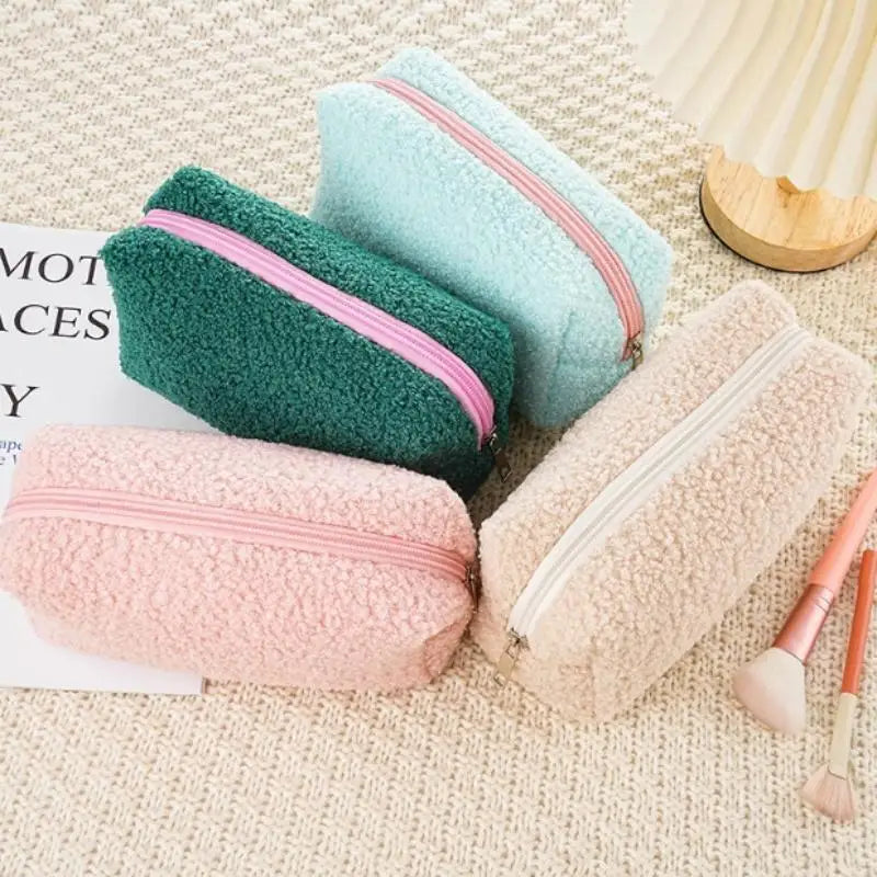 Cute Plush Makeup Bag For Women Portable Travel Small Cosmetic Bags Solid Color Zipper Toiletry Bag Washing Pouch Storage Bags