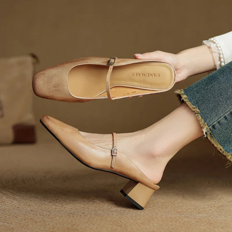 2026 New Summer Women Mules Genuine Leather Women Shoes Squared Toe med Heel Cover Toe Slingback Shallow Modern Slippers
