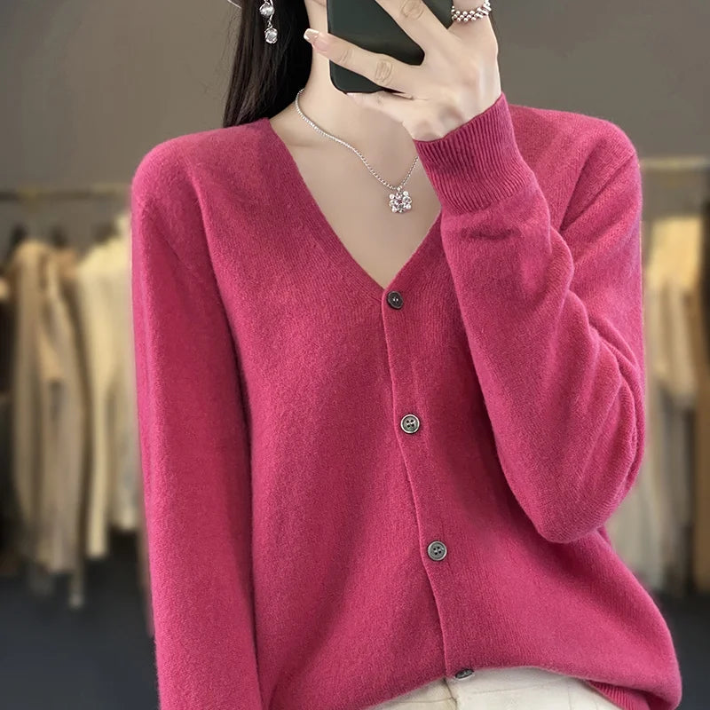 New Fashion Spring Autumn 100% Merino Wool Women's V-neck Cardigan Cashmere Sweater 2024 Female Knitwear Clothing Korean Tops