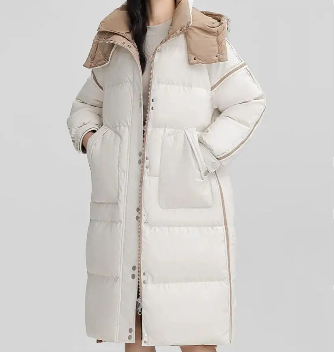 Winter Color-matched Plaid Hooded Casual Knee-length Down Jacket