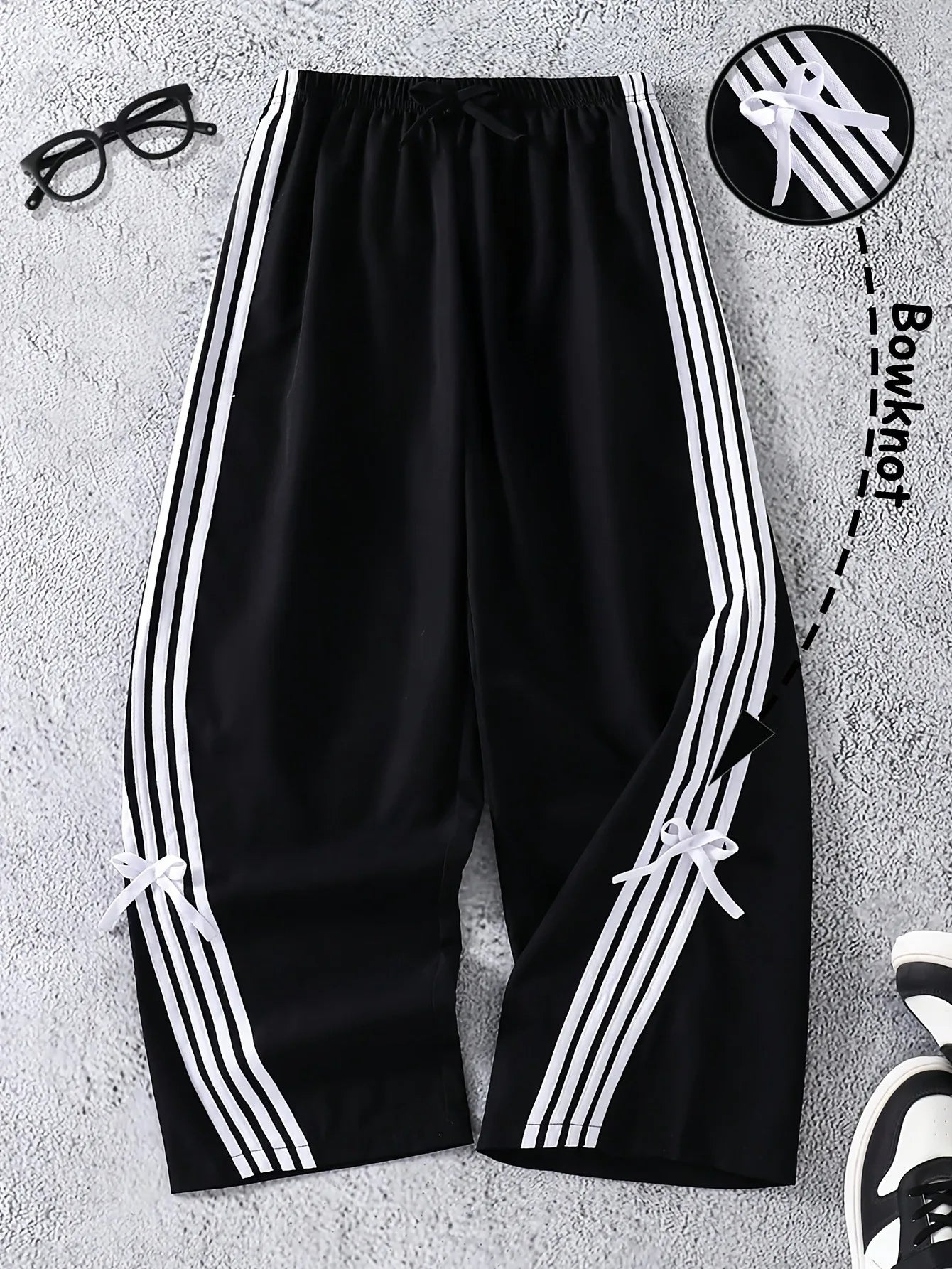 Girls Trendy  Black Wide Leg Pants, 3 White Striped Drawstring Waist Trousers with Bowknot Detail Casual Streetwear