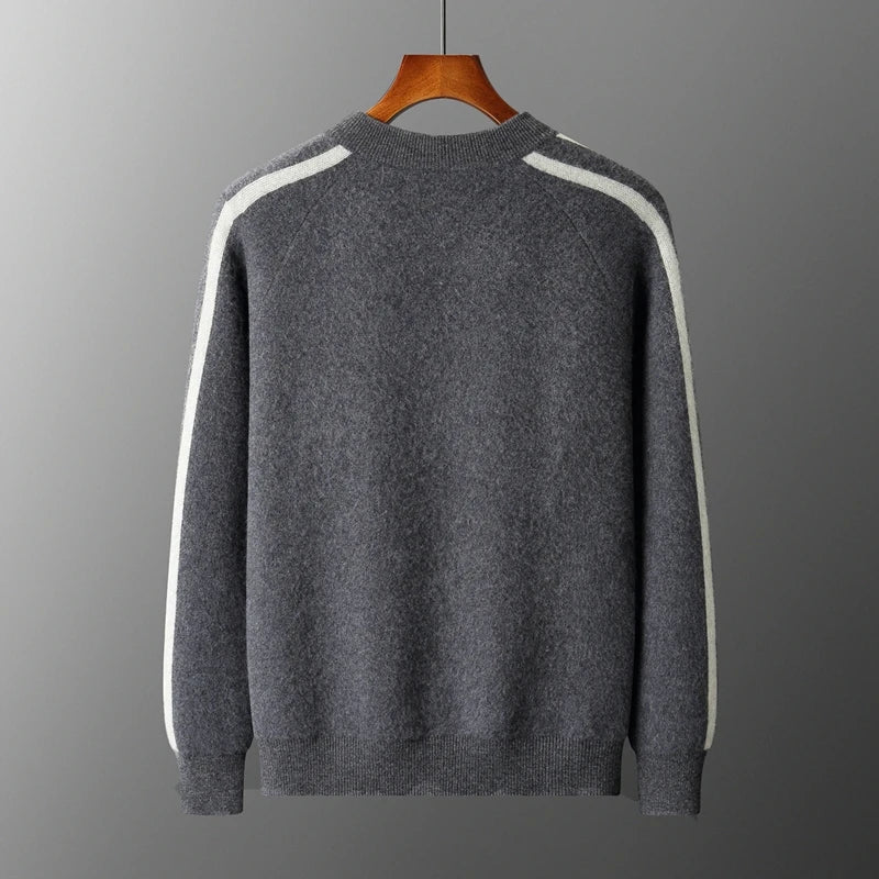 Winter Cashmere Sweater Men's Round Neck Knitted Jacket Contrast Striped Zipper Cardigan Youth Wool Thick Sweater
