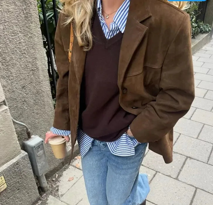 2026 Winter Women Elegant Jacket with Lapel Casual Single Breasted Pocket Long Sleeve Short Coat Street Overcoat Vintage Top