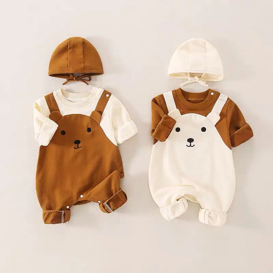 Autumn Baby Clothes Newborn Outfit Super Cute Baby Jumpsuit Contrasting Color Suspenders and Hood Outdoor with Cap