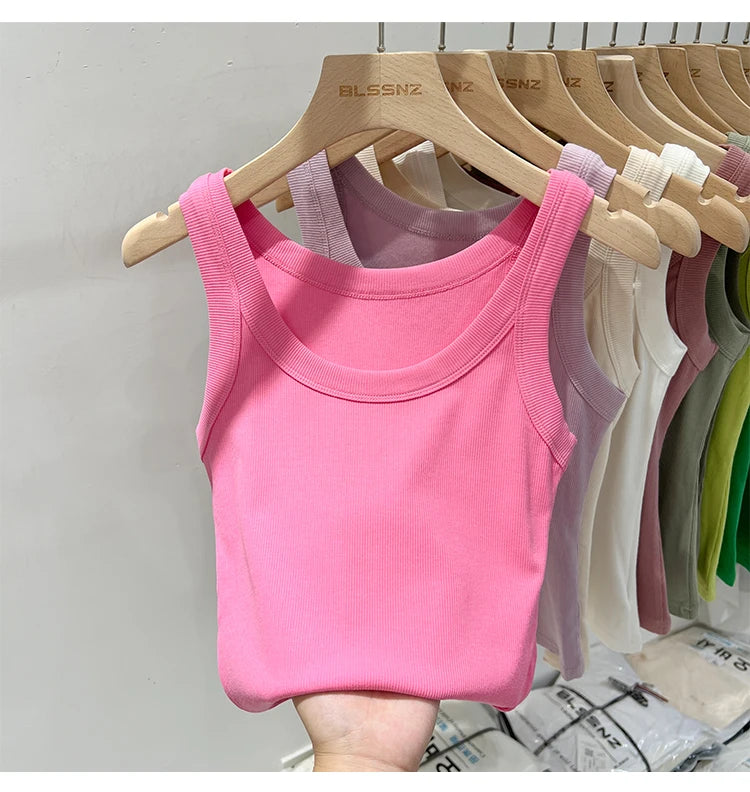 Women Solid Round Neck Ribbed Tank Top Camisole Women 2026 Summer Basic Elastic Tank Top O Neck Solid Tank Top