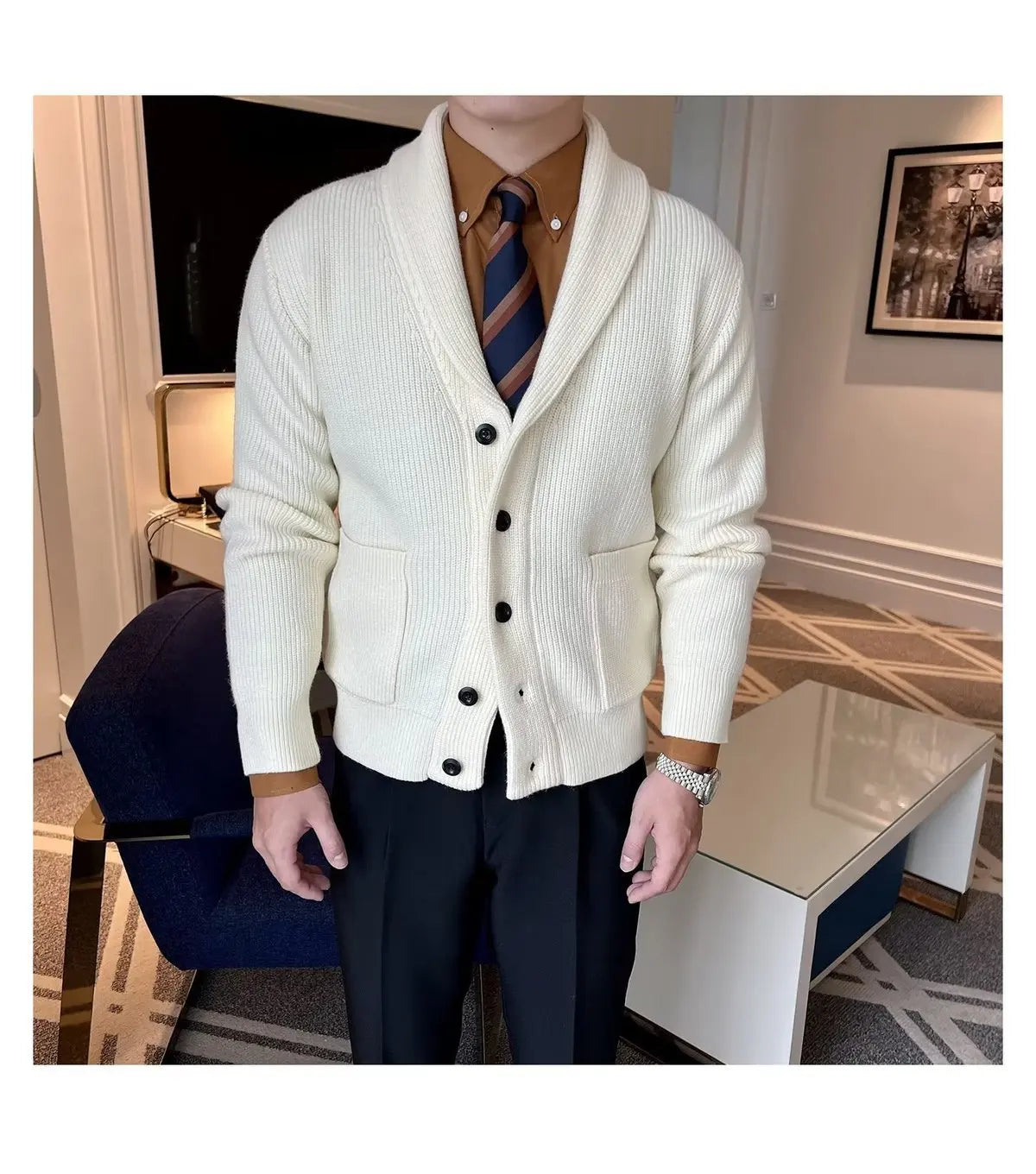 Men's Clothing Cardigan Jacket V Neck Coat Knit Sweater Male Plaid Elegant Casual Long Sleeve 100% Korean 2024 Autumn Classic