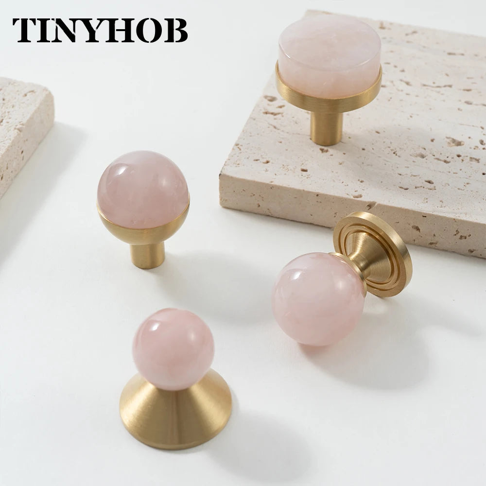 Pink Rose Quartz + Brass Cabinet Pulls,Natural Crystal Ball Knobs for Kitchen Cupboard Dresser Wardrobe, Gold Furniture Hardware