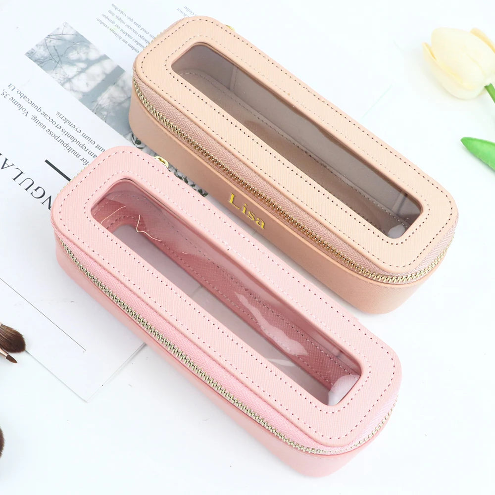 Customized Name PU Leather Women's Transparent Makeup Brush Box, PVC Makeup Bag Women's Toiletries Accessories