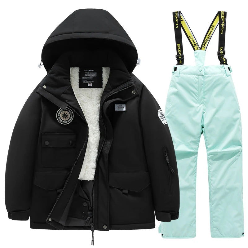 Winter children's skiing suit for boys and girls, windproof and waterproof thick coat for warmth and snow playing equipment