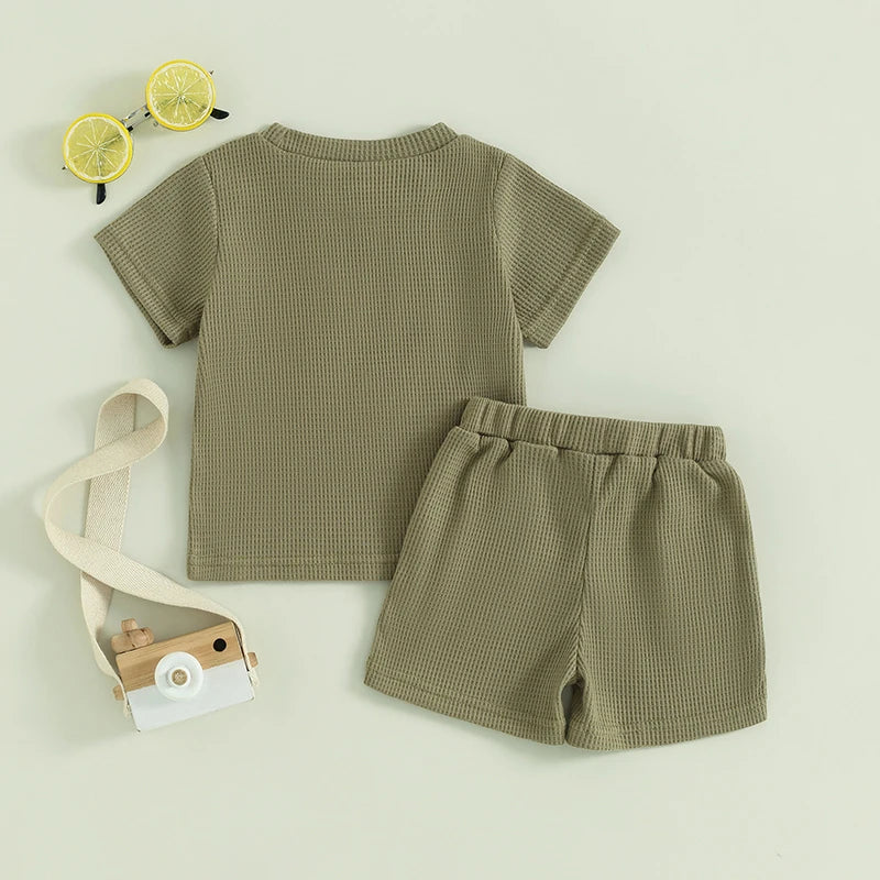 2024-01-20 Lioraitiin Summer Baby Boy Clothes Letter Embroidery Short Sleeve T-Shirt Shorts Set 2Pcs Waffle Knit Outfit
