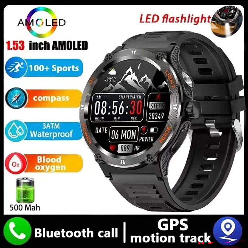 New Flashlight watch For  GPS NFC Smart Watch Men  AMOLED Screen Heart rate Bluetooth Call IP68 Waterproof Man Watch 500mAh